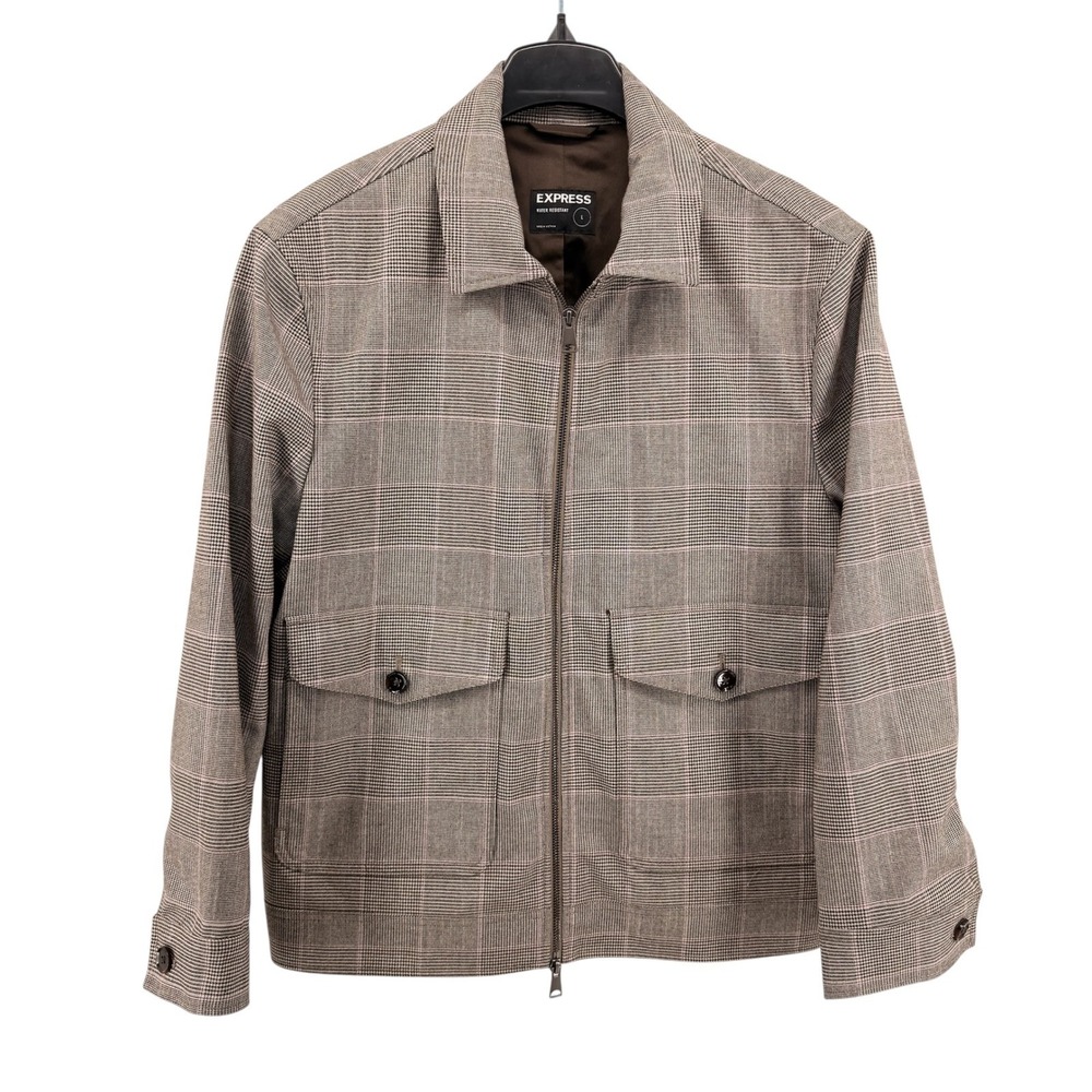 Express Harrington Jacket Mens‎ Large Pre-Owned Brown Glen Plaid Water Resistant